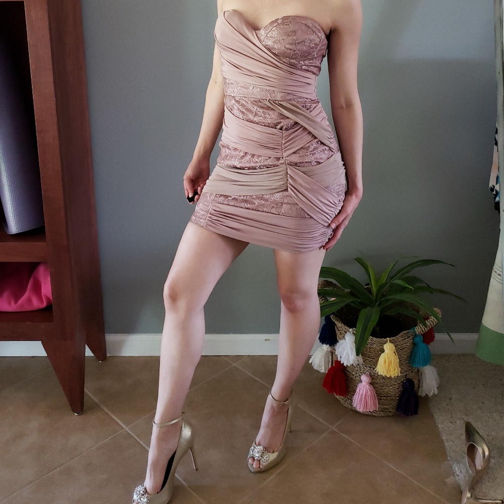 Lavender lace draped BEBE mini dress.